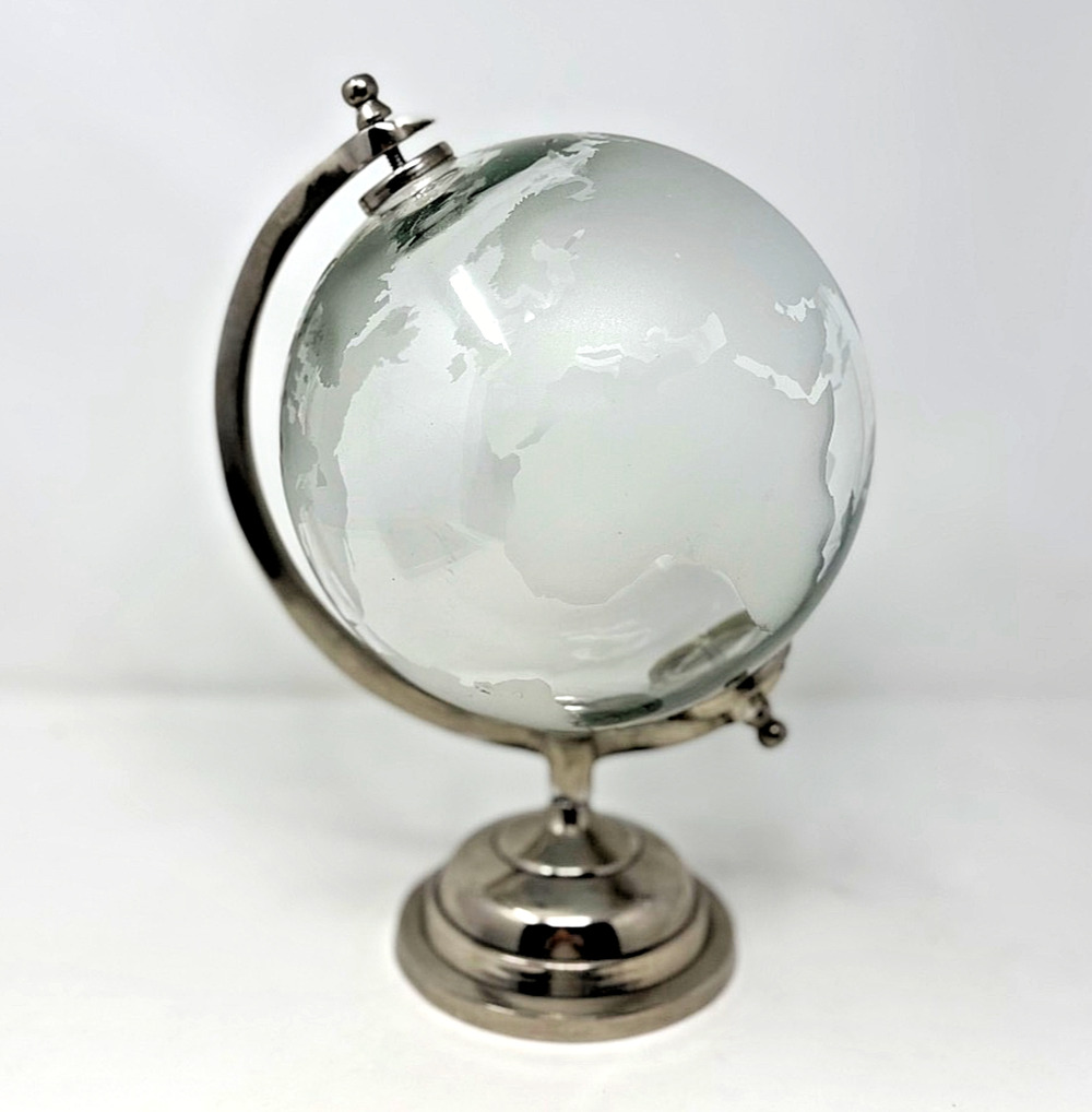 Decorative Frosted Glass World Globe on Silver Tone Metal Stand 12"